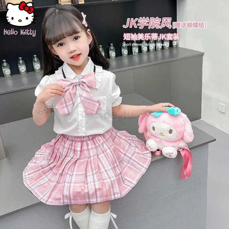 Sanrio Kuromi Melody Girl Kawaii Pleated Skirt Set Summer New Kids Cartoon Anime College Style Jk Uniform Sweet Princess Dress H251216