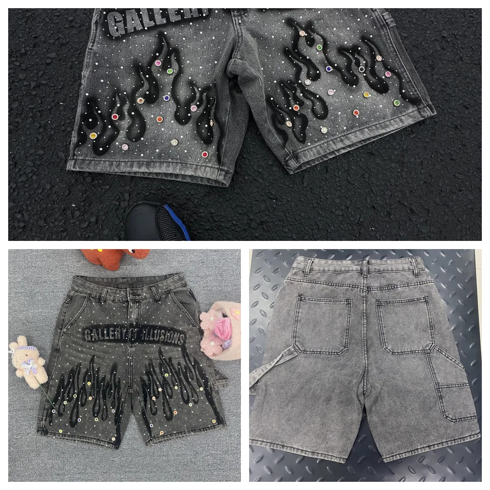 Y2K retro casual jeans flame pattern rhinestone decoration high waist denim shorts fashion mens hip-hop street clothing 251215