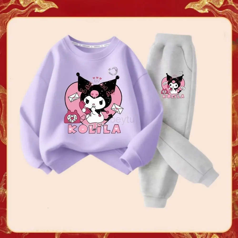Sanrio Spring Autumn Childrens Clothes Sets Kids Cartoon Kuromi Sweater Pullover Tops Pants 2Pcs Letter Outfit Tracksuit H251216
