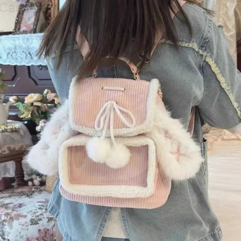 Sanrio Korean Patchwork Fluffy Ears Transparent Ita Bags Casual Simple Kawaii Cute Schoolbags Sweet Y2k Girls Fashion Backpacks Women H2512161