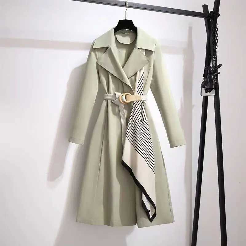 Women Trench Coat Jacket Mid Length Turn Down Collar Adjustable Waist Office Lady Overcoat 2025 Autumn Outerwear WindbreakerT251216