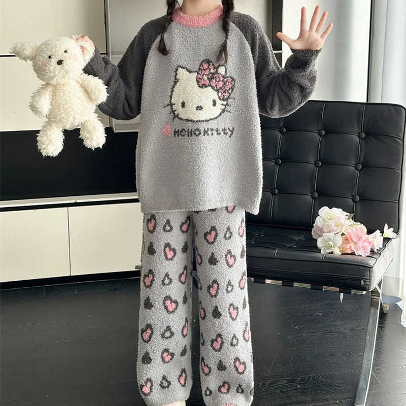 Sanrio Girl Hello Kittys Child Pajamas Suit Autumn Winter New Coral Fleece Lounge Clothes Kawaii Childrens Clothing Coat for Kids H251216