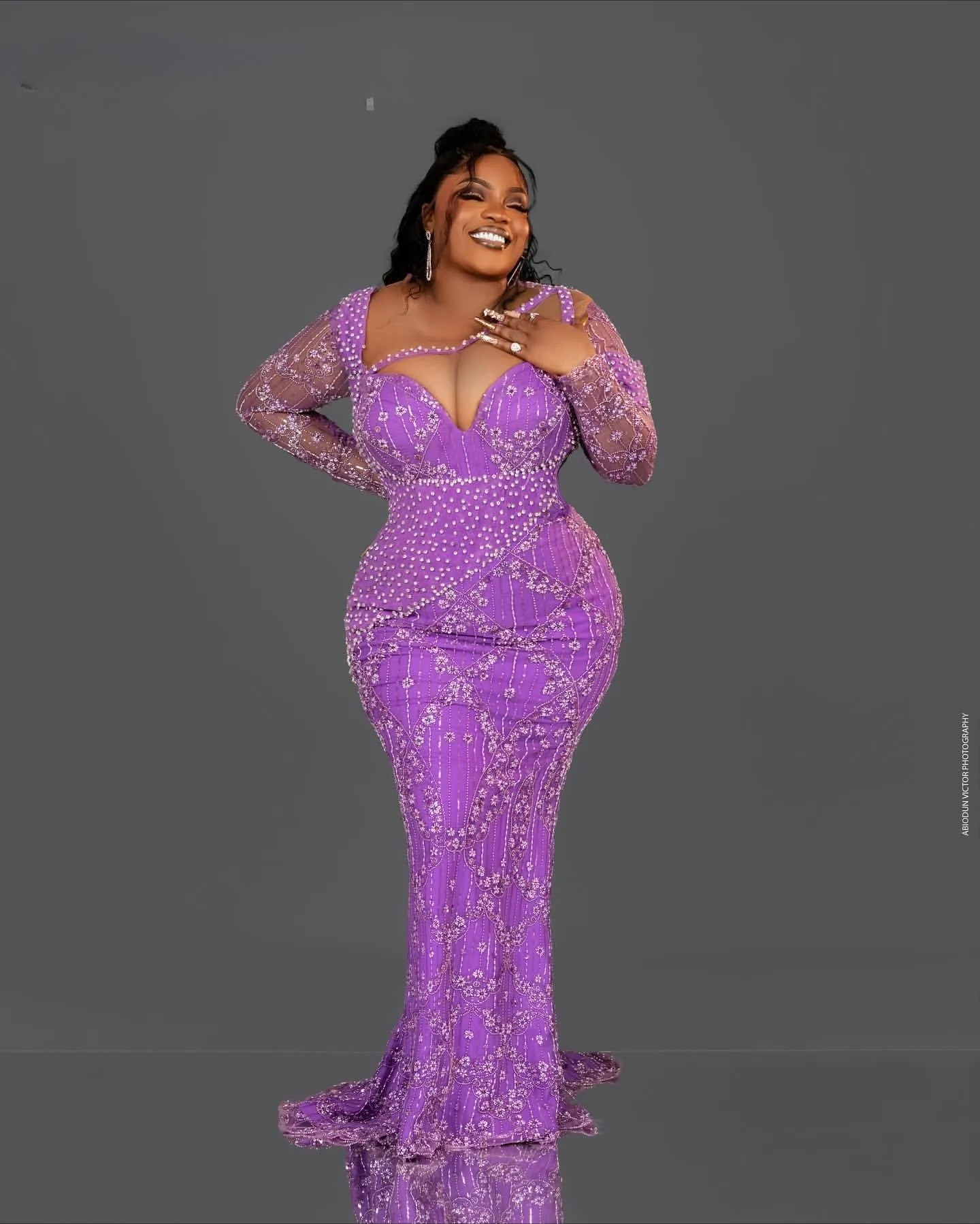 Elegant Lavender Purple Plus Size Prom Dresses Mermaid Sheer Long Sleeves Beaded Crystals Evening Gowns Women Formal Party Occasion Robes De Soiree D1