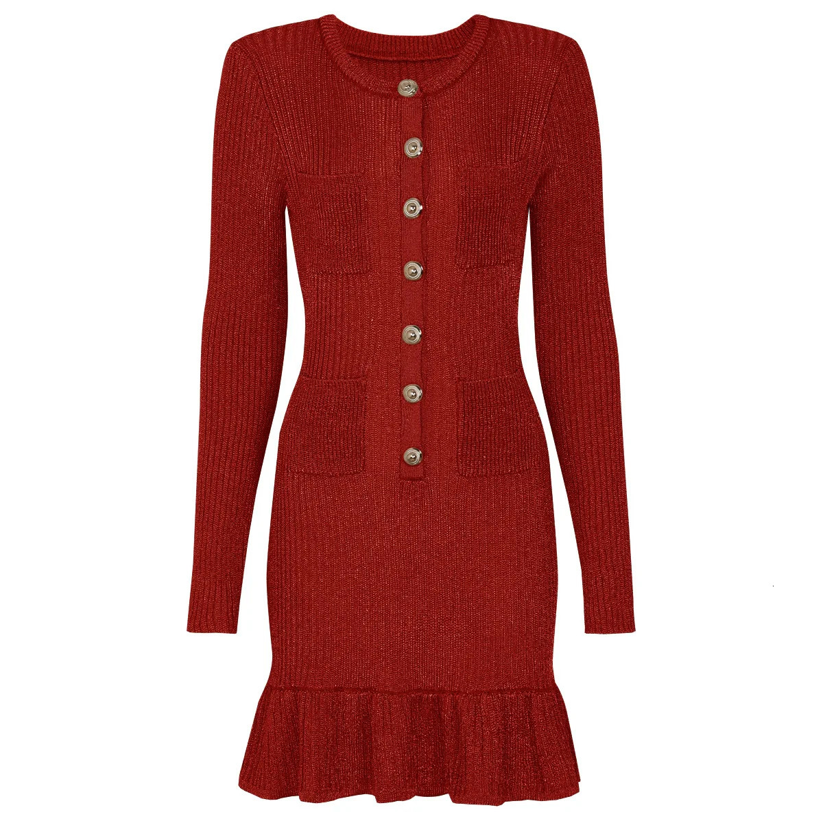 ZJYT 2026 Spring Long Sleeve Knitted Sweater Dresses Bright Silk O Neck Ruffles Hem Mini Party Dress Female Clothes Vestidos 251219
