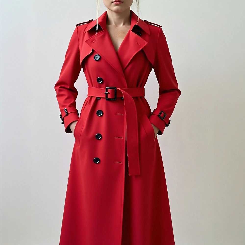 2025 Autumn/Winter New Red Classic British Style Trench Coat for Women Slim Fit Long Style Elegant and Goddess-like OuterwearT251216