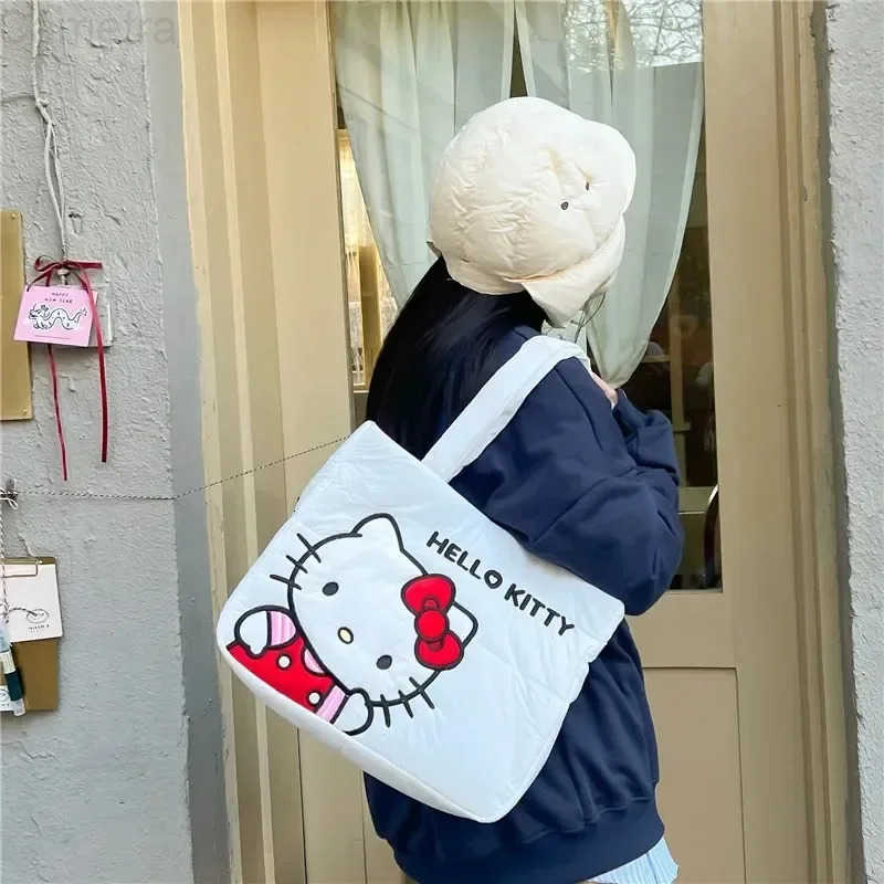 Sanrio MINISO Disney Handbag Cartoon Cute Down Fabric Kuromi Tote Bag Shoulder Cute Stationery Bag Large Capacity Handbag 2024 H251216