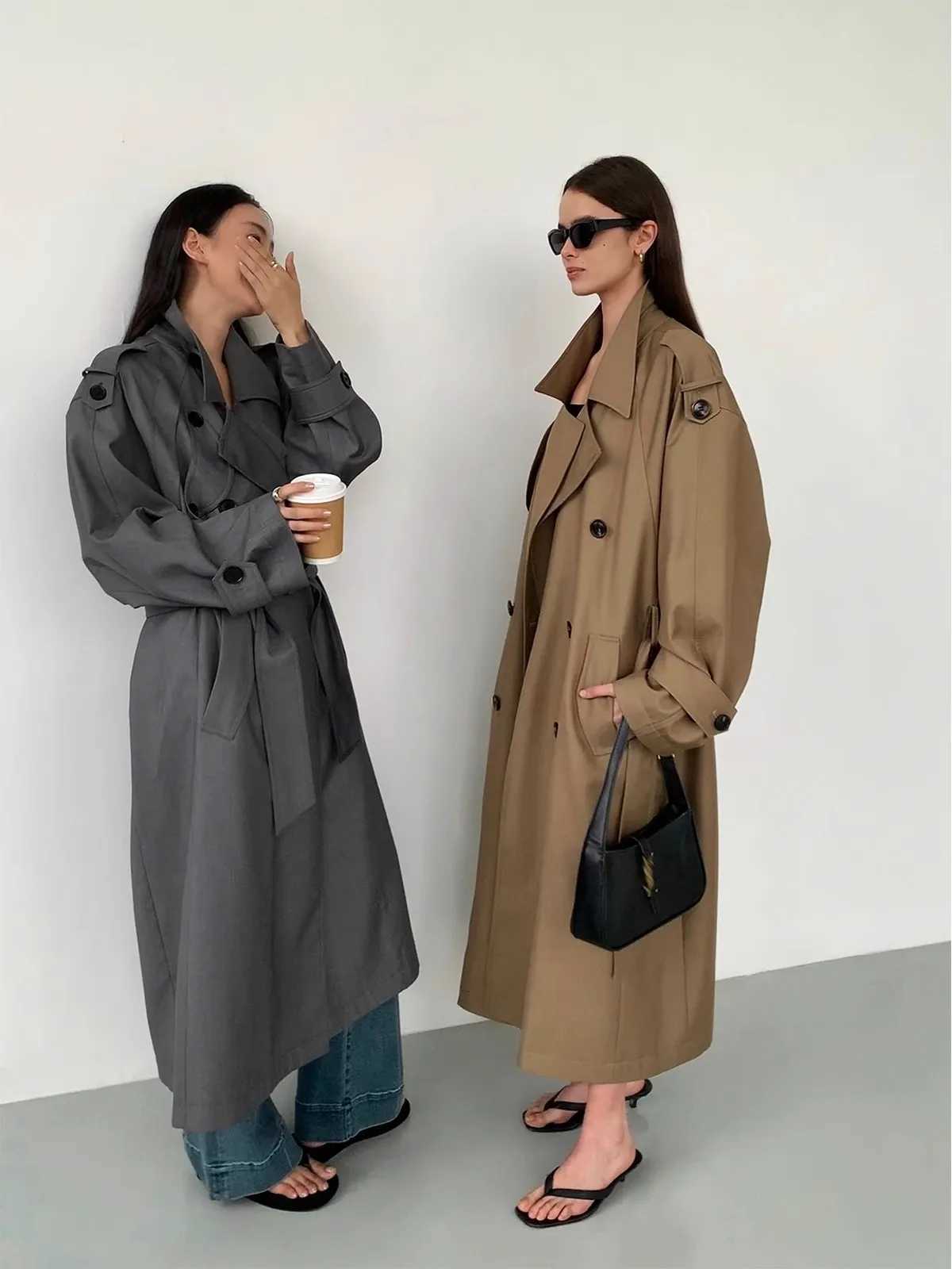 Mauroicardi Spring Autumn Grey Long Trench Coat for Women Sashed Double Breasted Loose Windproof Luxury Designer Clothes 2025T251216