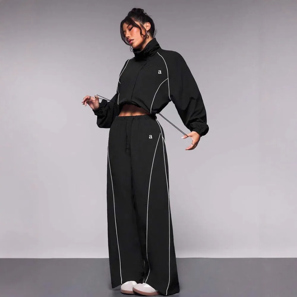 Women Gym Set Two Piece Women's Fashion Contrasting Color Drawstring Jogger Sports Jacket Trousers Suit Two-piece Set