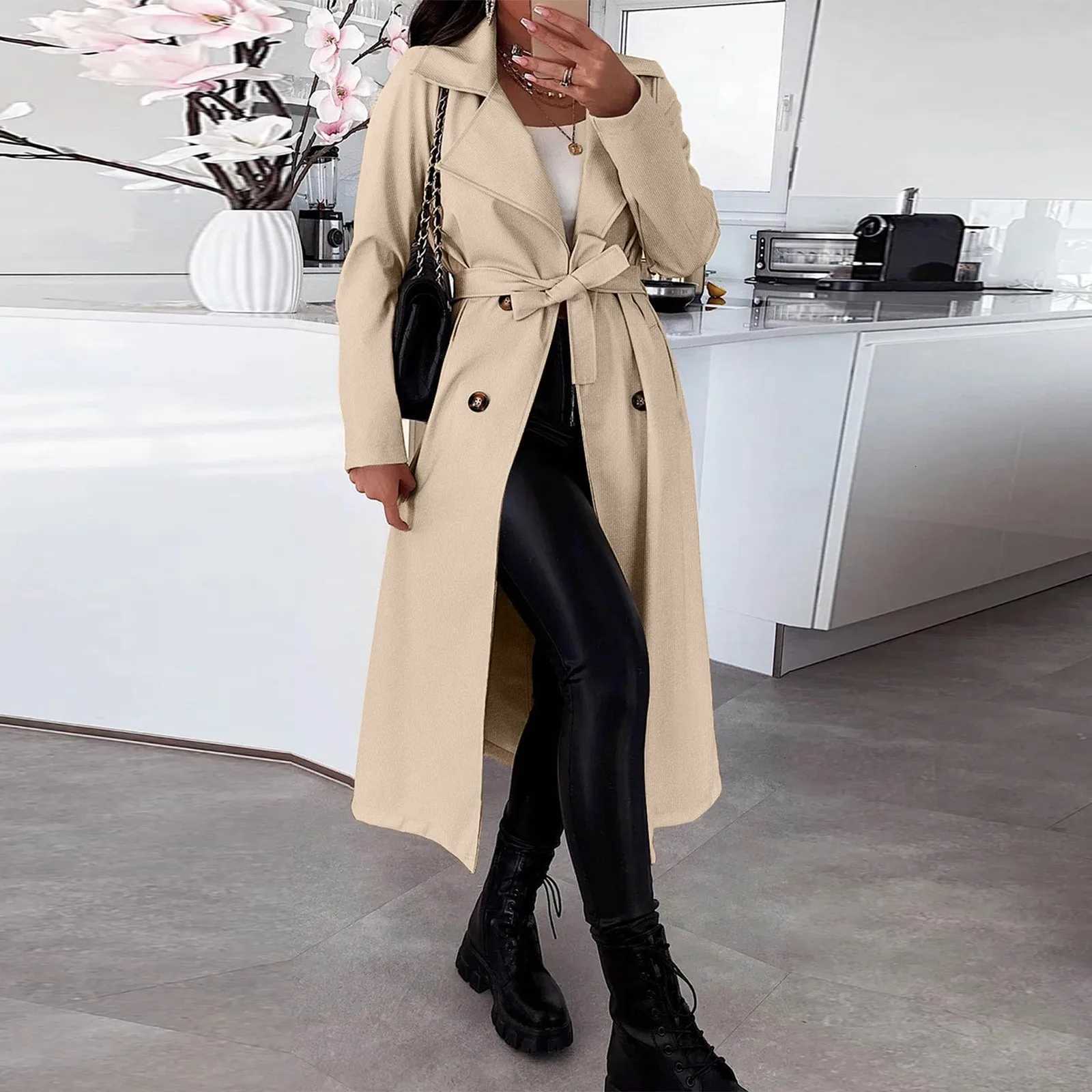 Loose Retros Double Breasted Black Khaki Windbreaker Women Autumn Fashion Design Vintage Tunic Sashes Casual Long CoatT251216