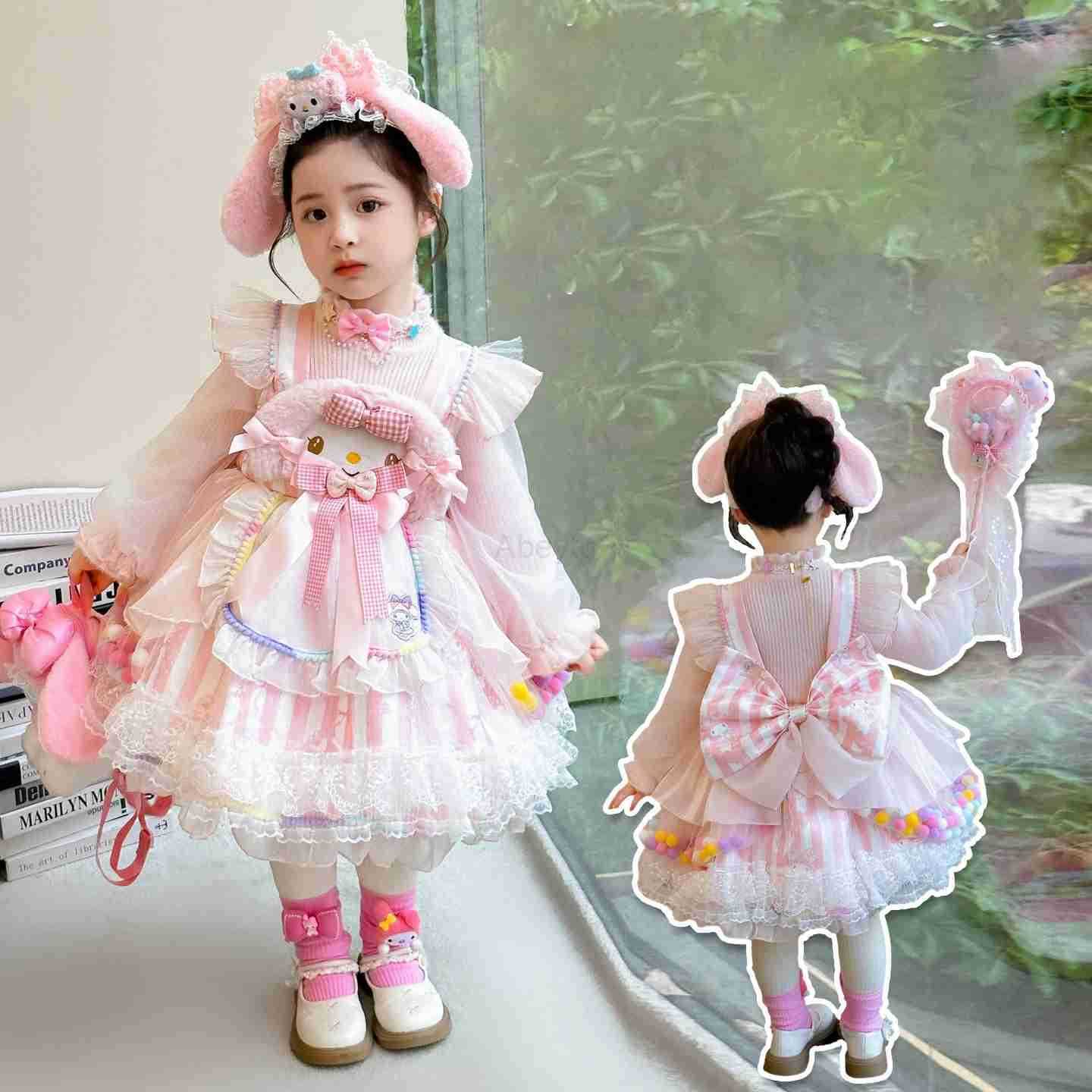 Sanrio Anime My Melody Girls Lolita Princess Party Dress with Bow Decoration Sweet Ruffled Tutu Skirt Layered Design for Festival Gift H251216