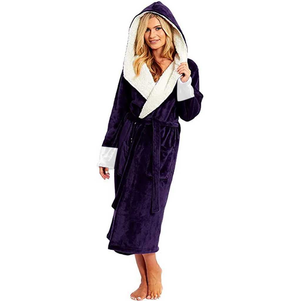 Thick Women Warm Bathrobe Robe Solid Hooded Ladies Dressing Gown Long Sleeve Soft Fluffy Cosy Flannel Bath Robes For Female C251216