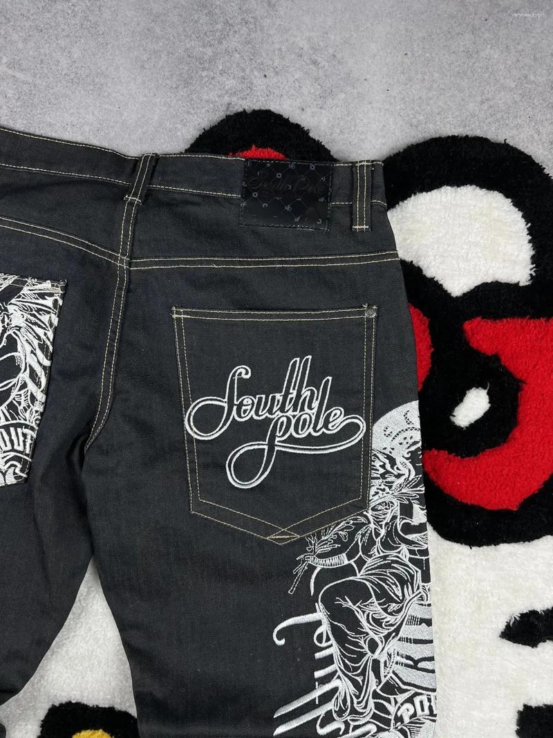 Men's Jeans Vintage South Pole Black Denim Intricate White Embroidery Hip Hop Streetwear Straight Leg Casual Pants
