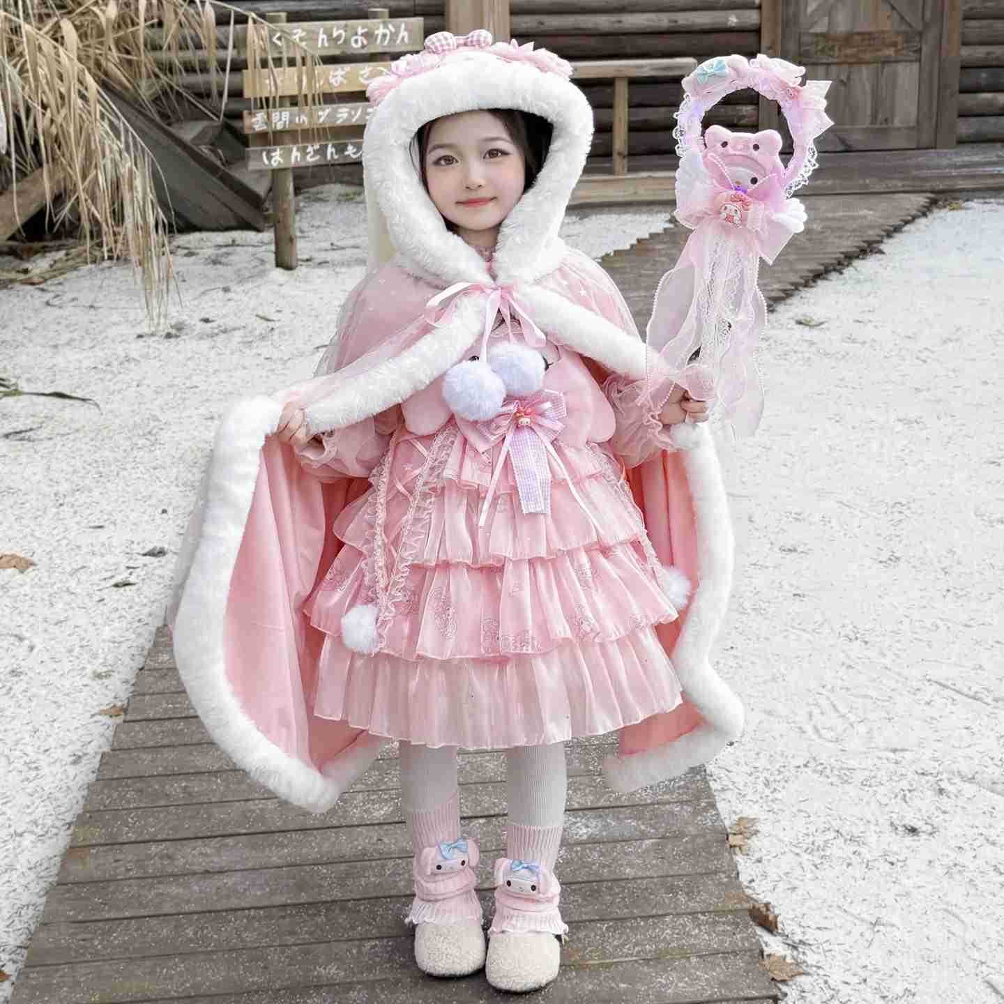 Sanrio Anime My Melody Lolita Princess Dress Girls Ruffled Tutu Skirt Layered Dress Kids Bow Decoration Party Dress Ball Gown Gift H251216