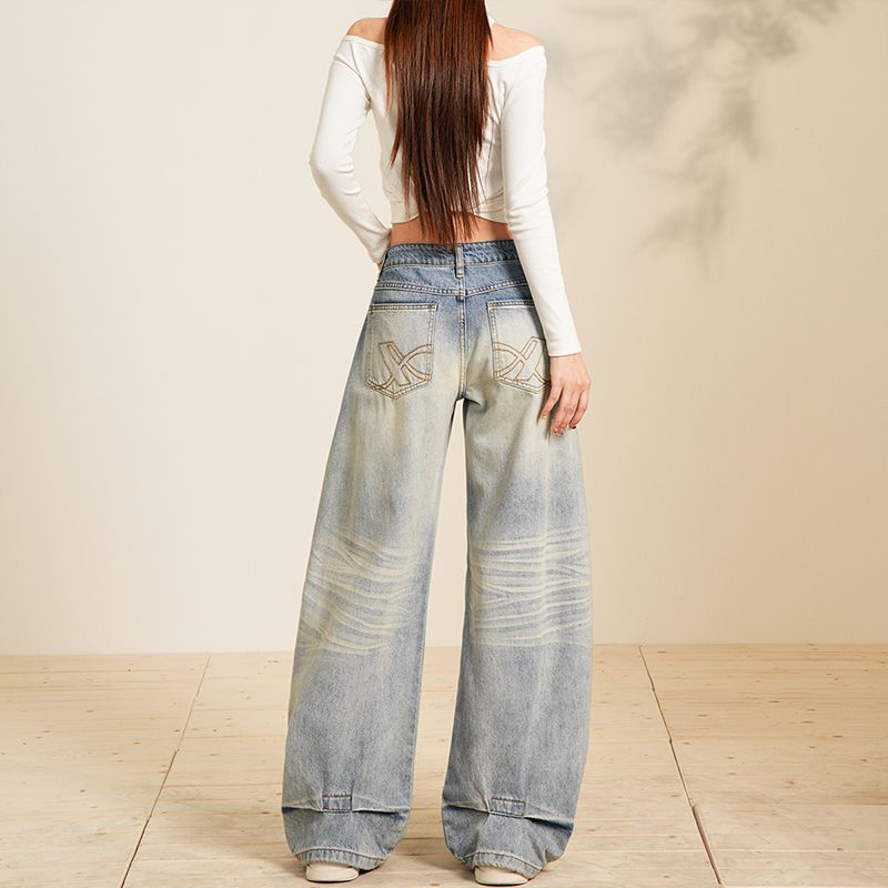 Japanese-style spicy girl style, non-elastic back pocket embroidery craftsmanship, trendy girls' street curved knife jeans---2368