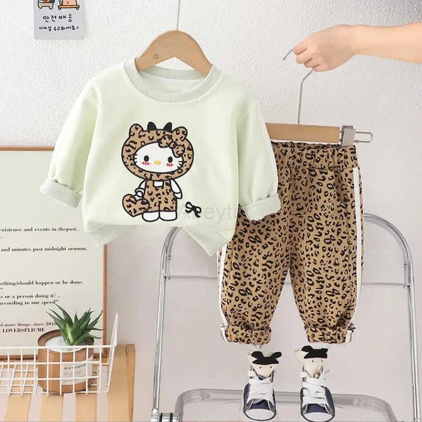 Sanrio 2025 Spring Boutique Girls Outfits Designer Cartoon Cute Leopard Print Long Sleeve T-shirts Pants Two Piece Sets Kids Tracksuits H251216