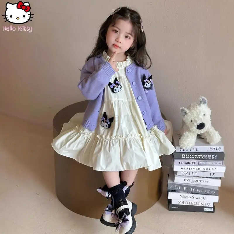 Sanrio Girls Kuromi Knitted Jacket Ruffled Dress Suit Kawaii Spring and Autumn New Cartoon Girls Clothing Anime Sweater Dress H251216