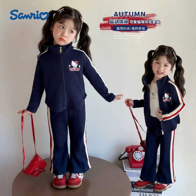 Sanrio Girl Clothes Set Autumn Kid Sweatshirts Pullover Cute Hello Kitty Zipped Top Striped Pants 2pcs Suit Children Sweet Tracksuits H251216