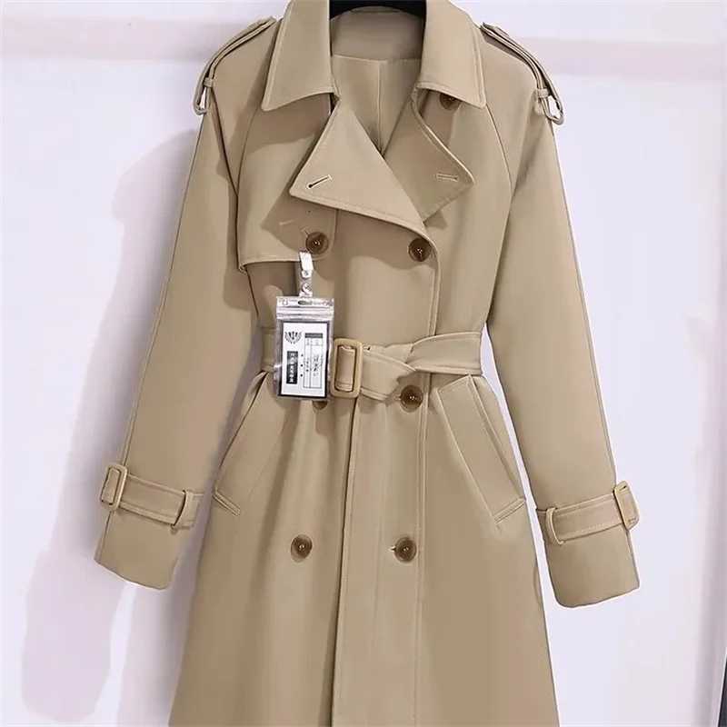 Womens Windbreaker 2025 Spring Autumn New Slim Double-breasted Temperament Coat With belt Femle mid length Casual Trench coatT251216