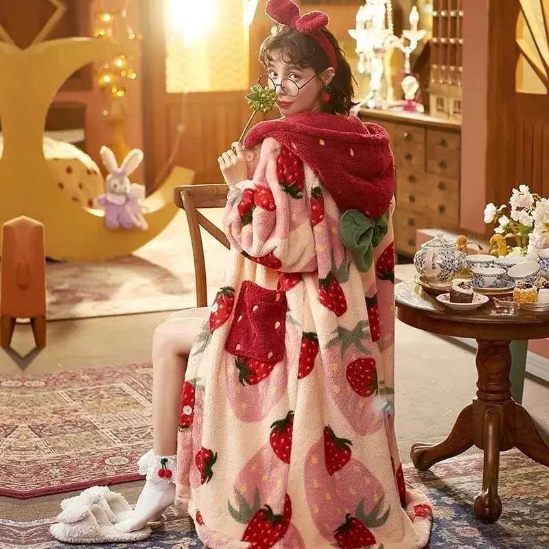 Kawaii Flannel 2024 Winter Kimono Nightgown Strawberry Cute Home Wear for Women Sleepwear Warm Bathrobe Cartoon Hooded Long Robe C251216