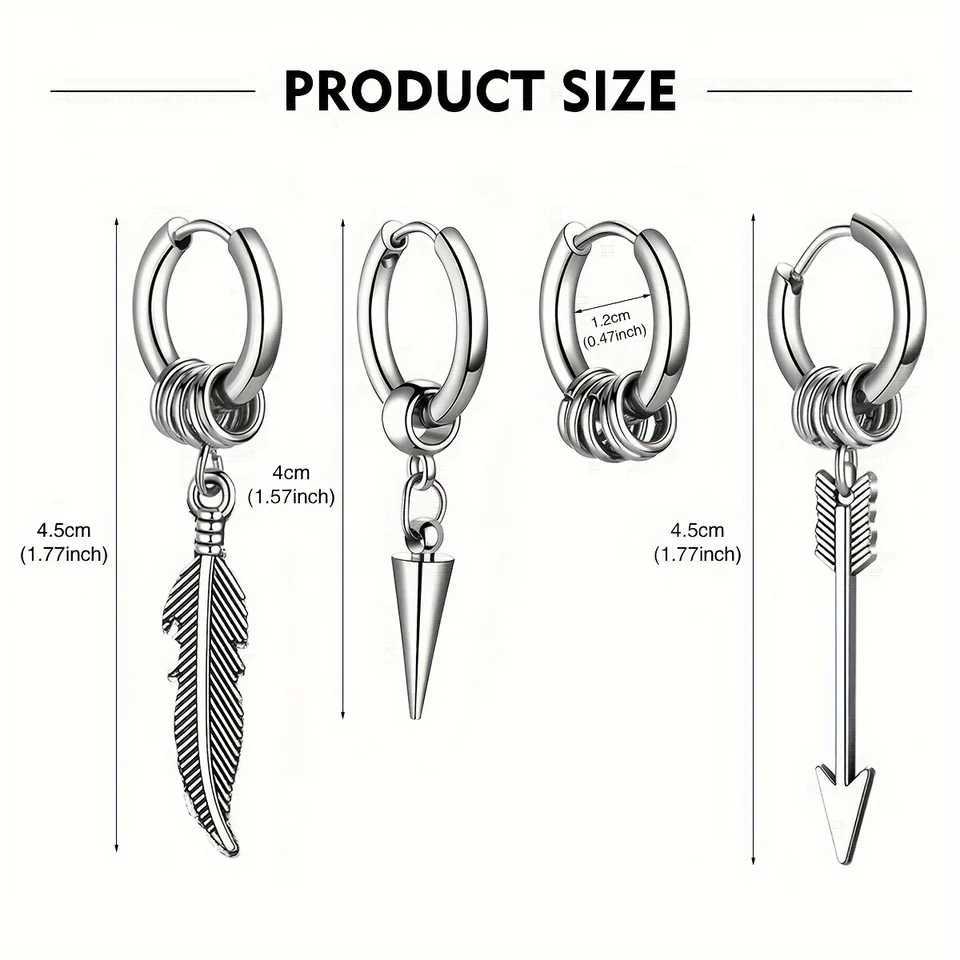 2pcs Gothic Punk Fashion Stainless Steel Feather Arrow Cone Circle Pendant Hoop Earrings Set for Men Women Daily Wear or Party G251216