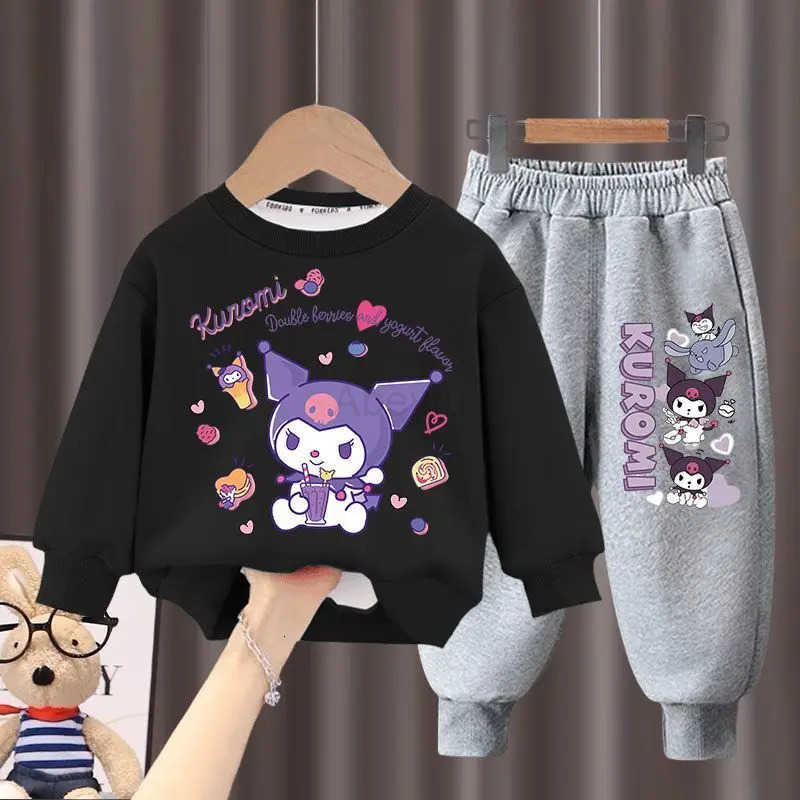 Sanrio Childrens Hoodies Sets 2025 Autumn New Long Sleeved Girls Sweatshirts Pants Two Piece Cute Kuromi Print Kids Tracksuits H251216