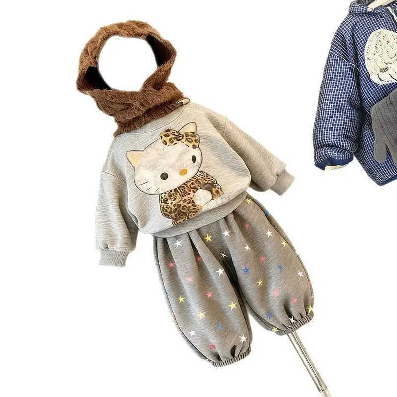 Sanrio Hot Kawaii Y2K Anime Fashion 2-Piece Set Childrens Clothing Tops Cartoon Kt Cat Warm Casual Pants Baby Plush Hello Kitty H251216