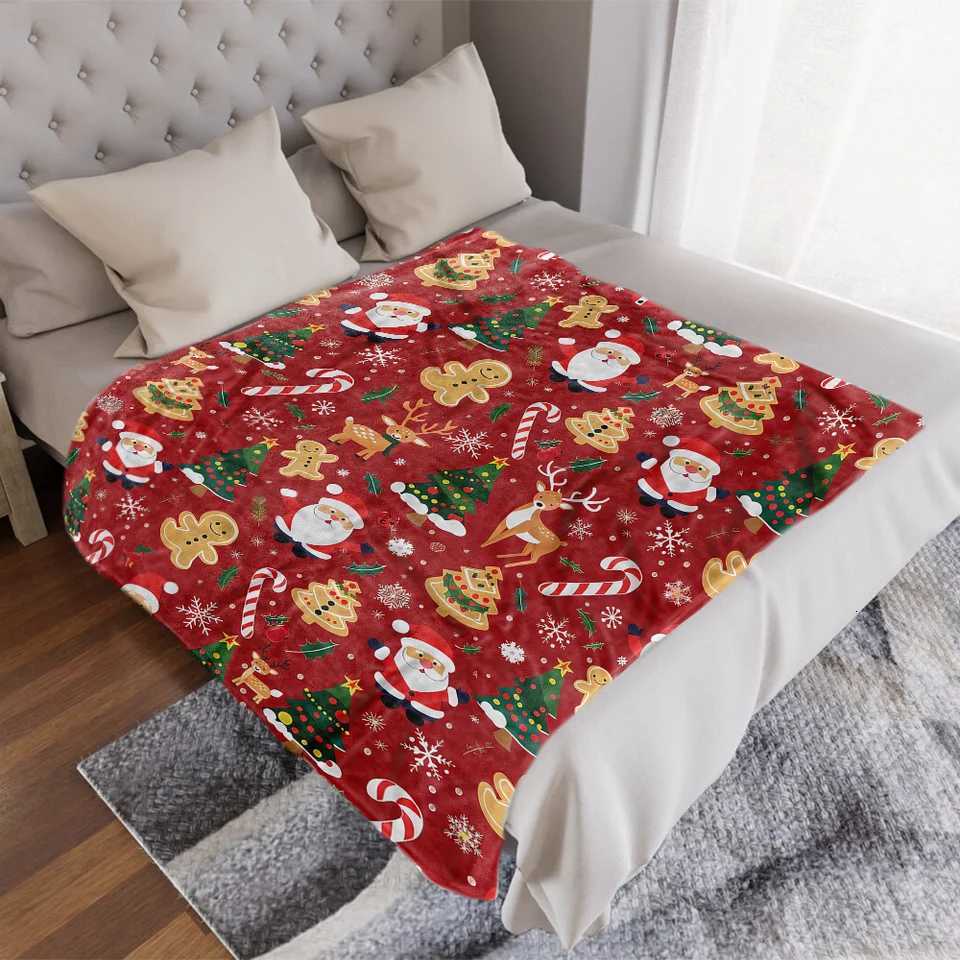 Festive Christmas Santa Throw Blanket- Ultra Soft Fleece LightweightReindeerCandy Cane and Gingerbread Red Blanketsfor Couc H251216 - view 5