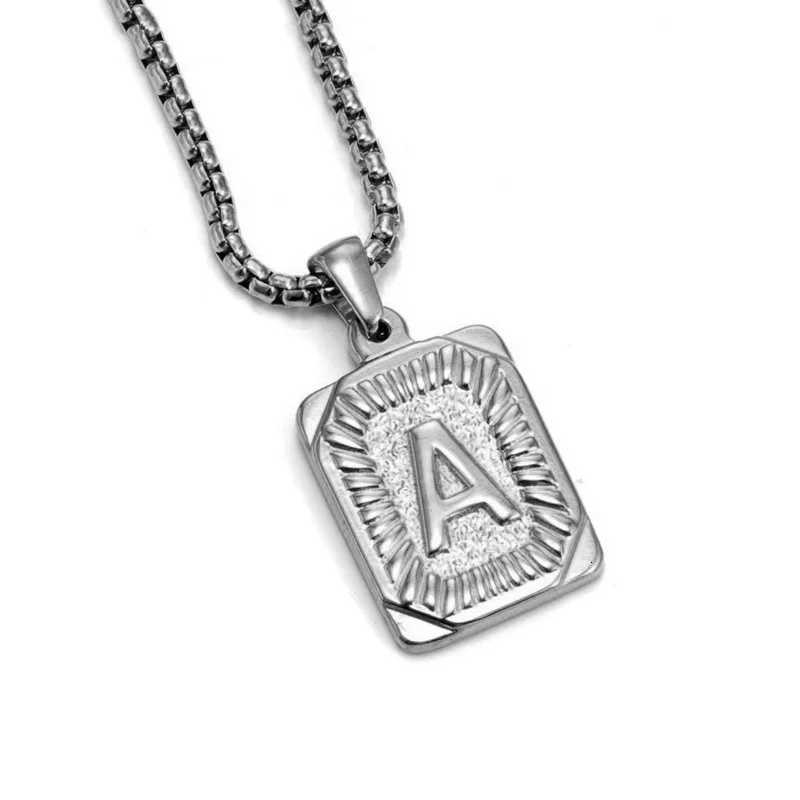 Mens 18K Gold Square Double-Sided 26 English Letter Pendant Titanium Steel Jewelry Necklace M251216