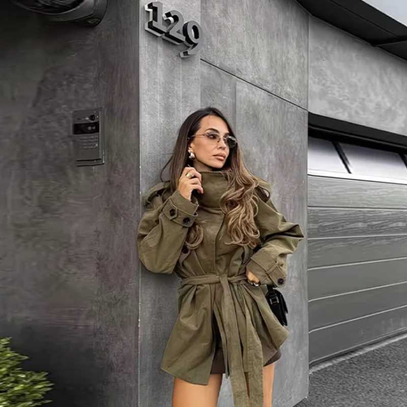 Elegant Loose Trench Coat Casual Chic Stand-up collar Long Sleeve With Belt Coats 2025 New Lady Autumn Winter StreetwearT251216