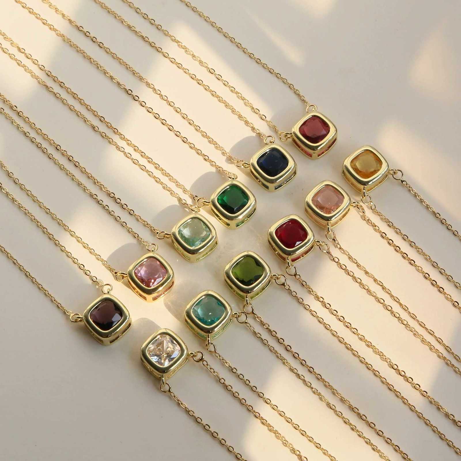 Square Birthstone Zircon Necklace 18K Gold Plated Gemstone Pendant Necklace for Women M251216