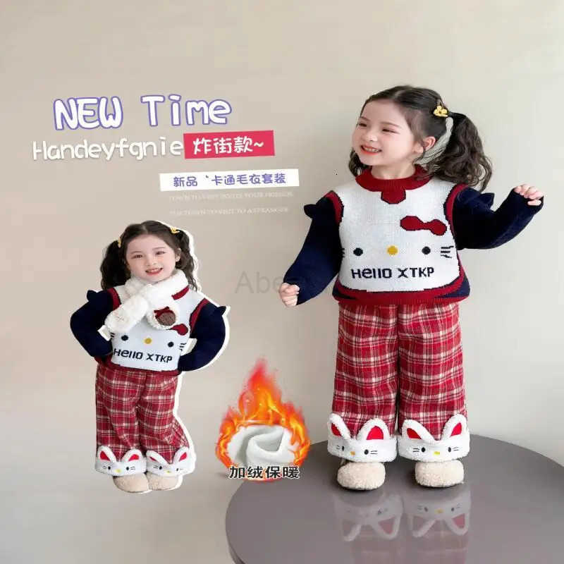 Sanrio Hello Kitty Loungewear set Girls Kawaii Y2k Anime Childrens Clothing Coat autumn and winter Clothes 2-piece set Kids H251216