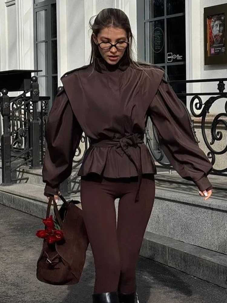 Solid Belted Loose Trench Coat Fashion Lapel Long Sleeve Zipper Button Bomber Jacket Lady Autumn High Street Windbreaker 2025T251216