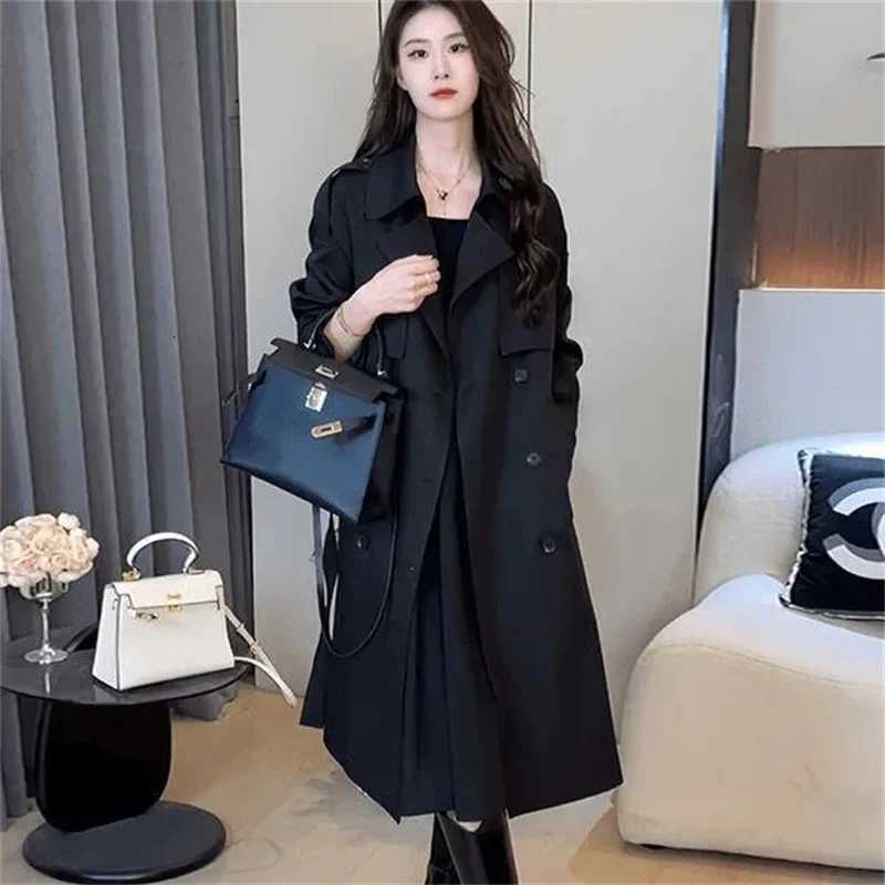 High end Trench Coat Womens 2025 Spring Autumn mid to long Fashion Temperament slimming double breasted Windbreaker SolidT251216