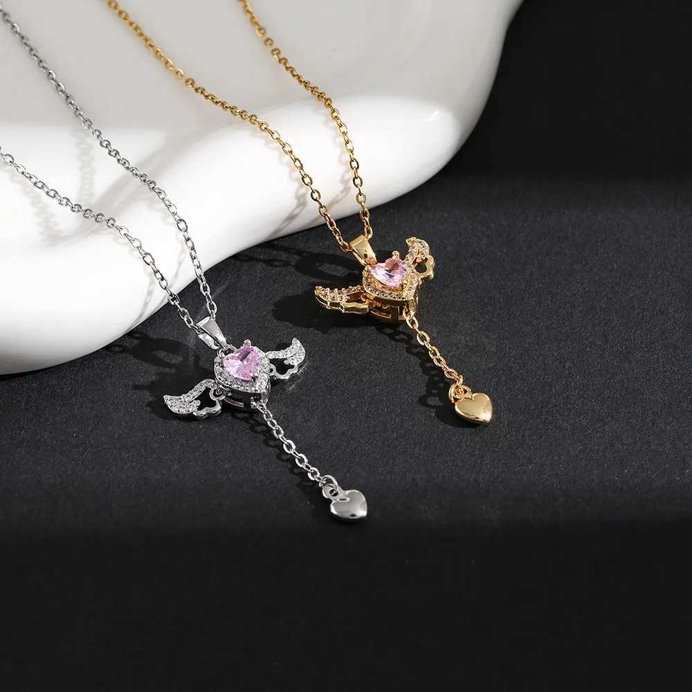 Cupid 18K Gold Plated Necklace Angel Wings Heart Tassel Pink Zircon Pendant Necklace for Women M251216
