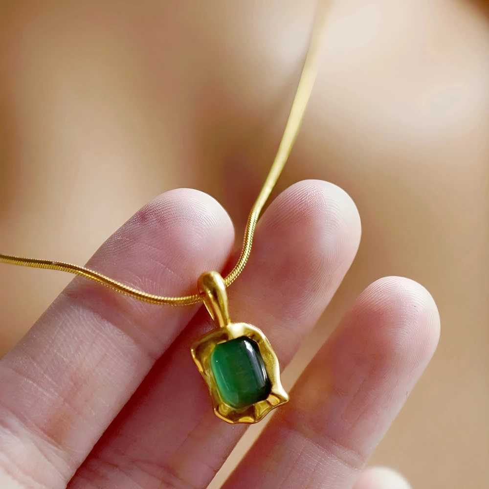 Gems titanium steel necklace women with curb chain or snake chain stainless steel cats eye stone plated 18K gold jewelry M251216