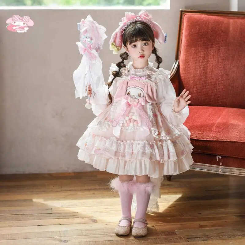 Sanrio My Melody Anime Girl Lolita Princess Dress with Lace Fluffy Skirt Bow Decoration Layered Festival Party Ball Gown for Kids H251216