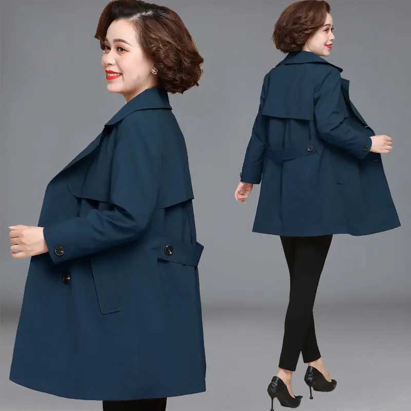 Middle-aged mother Spring Trench Coat 2025 Fashion Loose Double-breasted Long Overcoat Plus size 5XL Casual Female windbreakerT251216