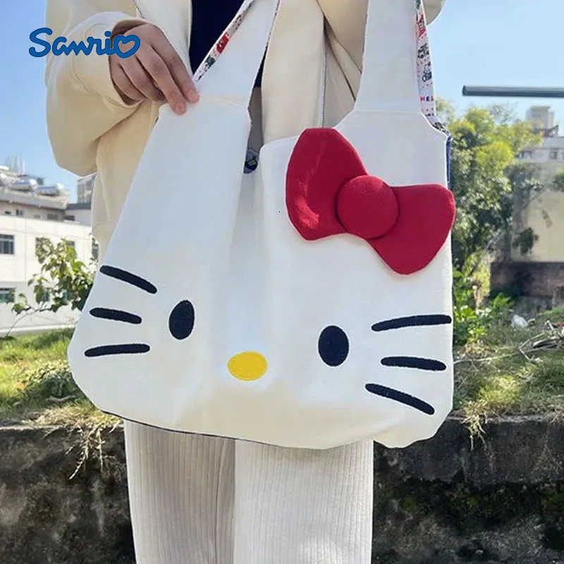 Sanrio hello kitty shoulder bag new canvas large capacity tote bag cartoon cute handbag girl storage bag shopping H251216