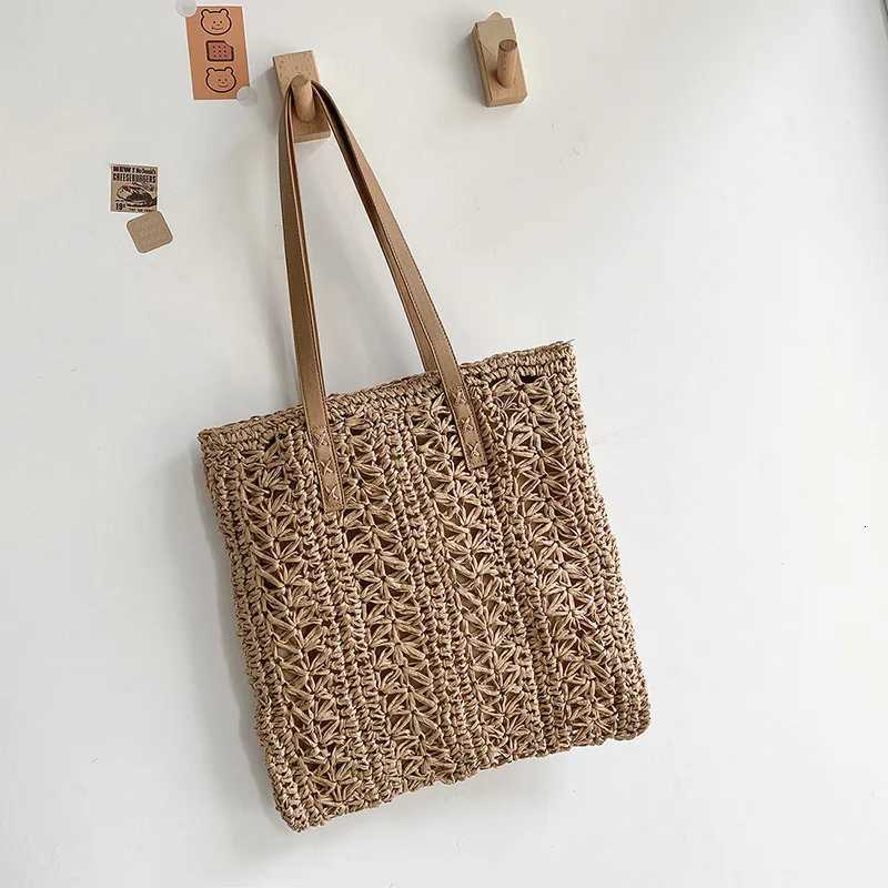 Square Hollow Straw Beach Bag Handmade Woven Shoulder Bag Raffia Rattan Shopping Travel Bag Bohemian Summer Vacation Casual Tote M251216