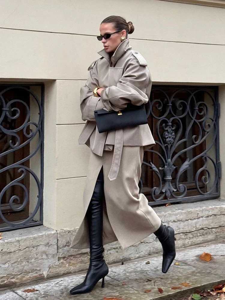 Solid Lapel Lace Up Jacket Elegant Chic Full Sleeve Button Loose Long Coat For Women 2025 New Office Lady Daily Commute OvercoatT251216