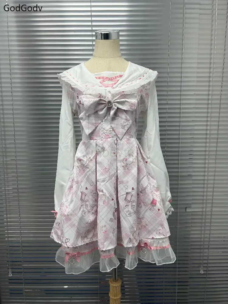 Sanrio 2025 Japanese Sweet Lolita Kawaii Dress Women Spring Printed Bow Fake Two Piece Dress Female Korea Style Design Party Clothing H251216