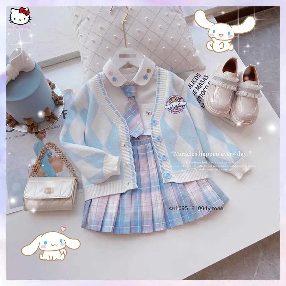 Sanrio 3Pcs Cinnamoroll Childrens Jk Pleated Skirt Set Anime Cardigan Sweater High-Quality Shirt Sweater Y2K Teen College Set H251216