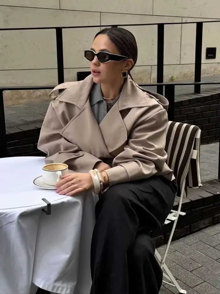 Fashion Lace up Cropped Trench Coat Women Lapel Long Sleeves Wide Shoulder Windbreaker Jacket Fall Commuting Daily Jackets 2025T251216