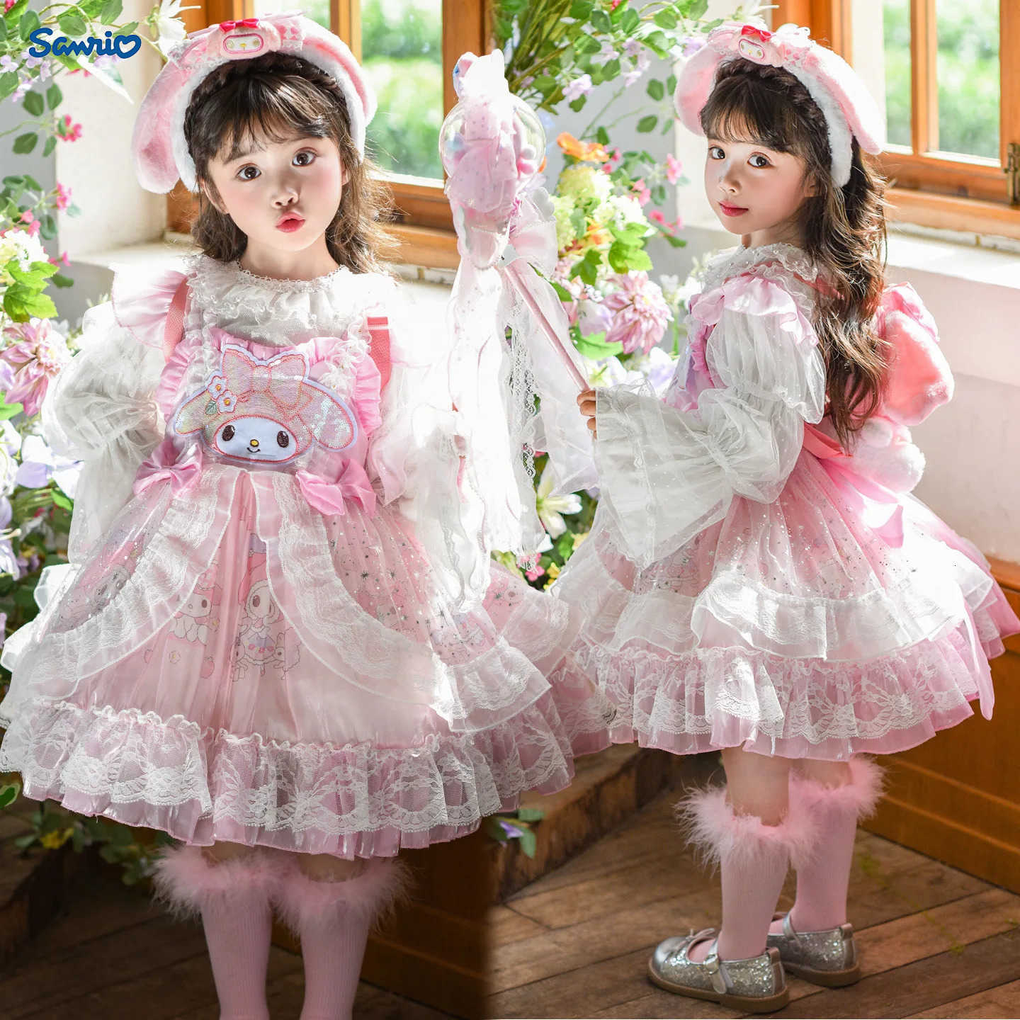 Sanrio Anime My Melody Vintage Lace Girls Lolita Dress with Ruffled Tutu Skirt Sequin Princess Layered Ball Gown for Kids Party Wear H251216