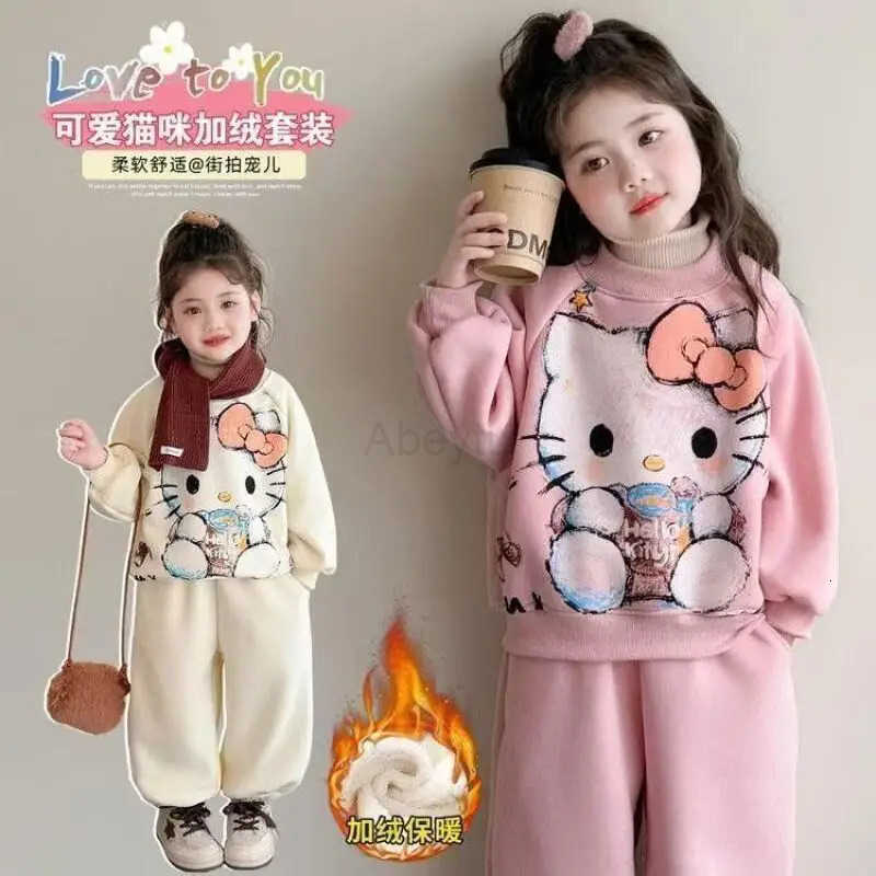 Sanrio Hot Girl Coat Set Hello Kitty Kawaii Anime Autumn and Winter Student Tops Long Pants Childrens Clothing 2-Piece Set New H251216