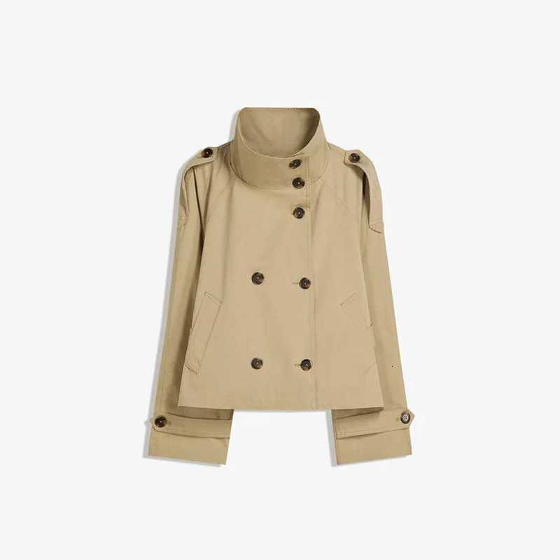 2025 New Autumn Womens Chic Stand Collar Double-breasted Belted Waist Cropped Trench Coat Shoulder Casual Street OuterwearT251216