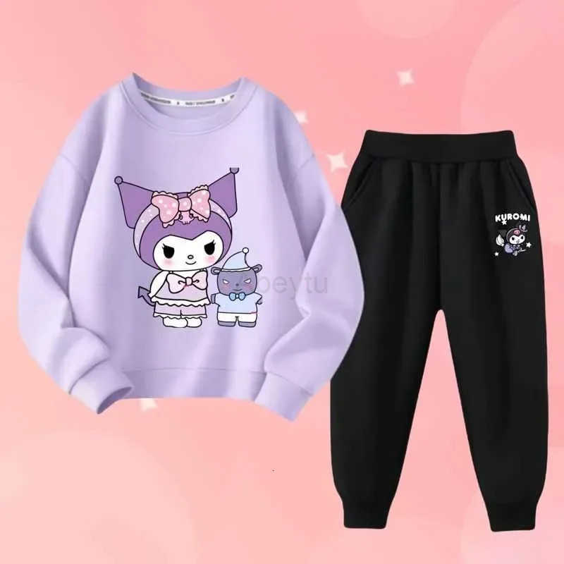 Sanrio Childrens Kuromi Print Spring Autumn Clothes Sets Kids Kawaii Sweatershirts Pullover Tops Pants 2Pcs Outfit Tracksuit H2512161