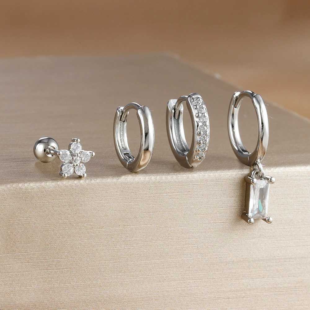 4PCS/Set Classic Little Crystal Flower Stainless Steel Earrings for Women Personality Square Pendant Earring Piercing Jewelry G251216