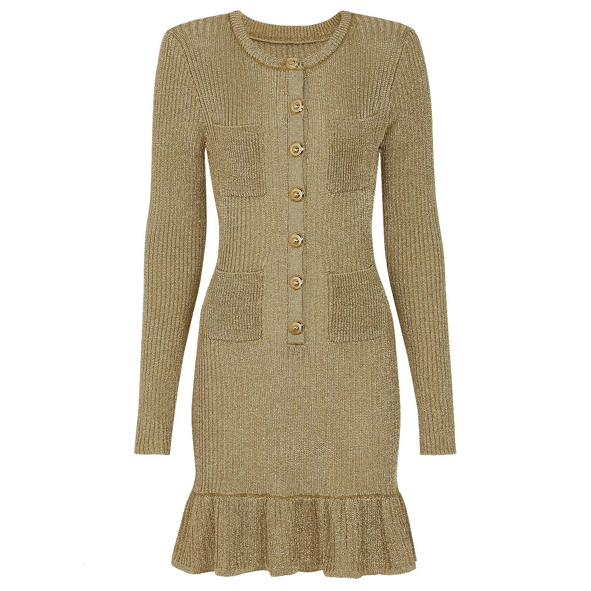 ZJYT 2026 Spring Long Sleeve Knitted Sweater Dresses Bright Silk O Neck Ruffles Hem Mini Party Dress Female Clothes Vestidos 251219