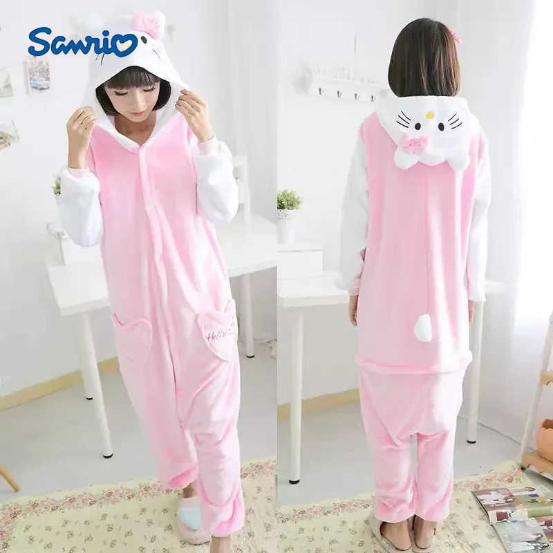 Sanrio Cartoon Winter Hello Kitty Cat Cosplay Costume Flannel Zipper Pajamas Anime Jumpsuit Sleepwear Homewear Halloween Cosplay Suit H251216